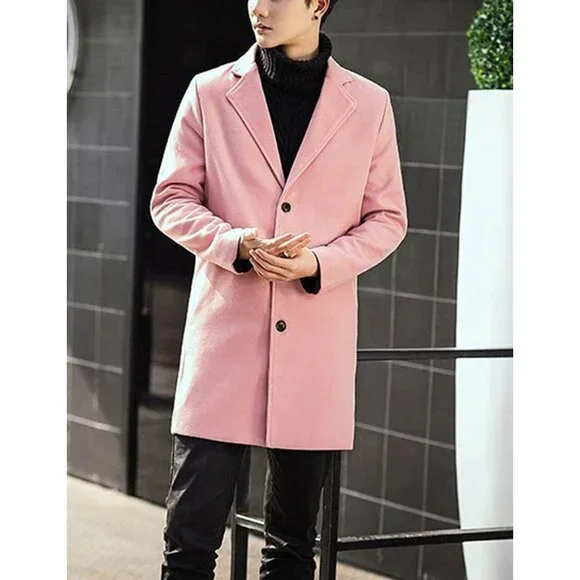 ✨Men Pink Wool Blend Pea Coat Notched Collar Single Overcoat Warm Trench Coat